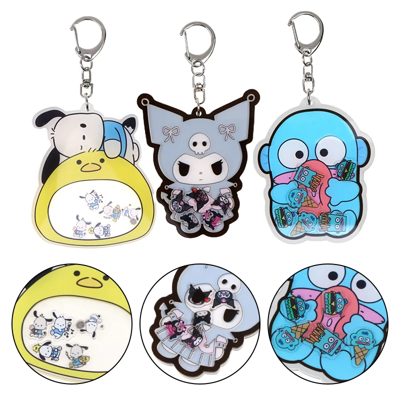 Dynamic Shakeable Sanrio Acrylic Keychains Cartoon Hangyodon Kuromi Pochacco Chick Keyring Bag Pendant Backpack Charms Car Decor