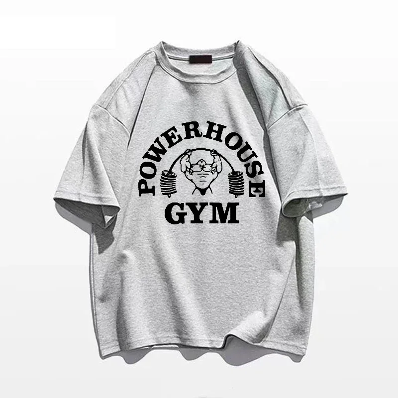Crewneck T Shirts Power House Gym Funny Print Short Sleeve for Men Women Tops Pure Cotton T-shirt Casual Sport Fitness Tees