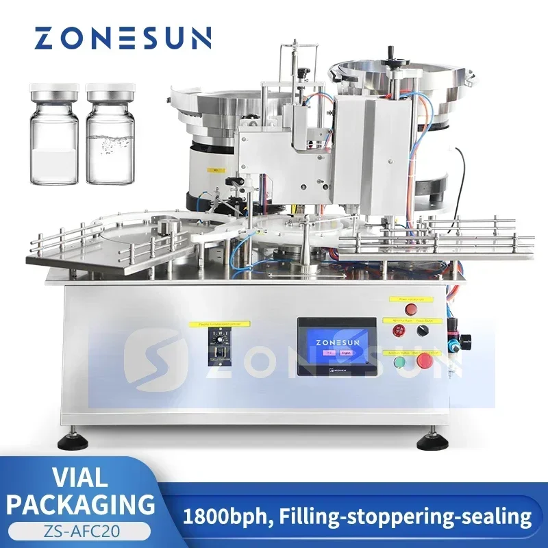 ZONESUN Automatische Verschließungsverpackungsmaschine für Fläschchen, Flaschenfüllung, mit Vibrationsschüssel, Zuführung, Stoppering-Dichtungsausrüstung ZS-AFC20