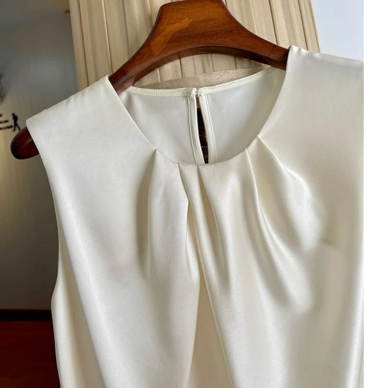 Summer Blouse Shirts Women Clothes Sleeveless Tunic Folds Blouses Solid Color Vintage Temperament Tops 2025 Blusas Mujer De Moda