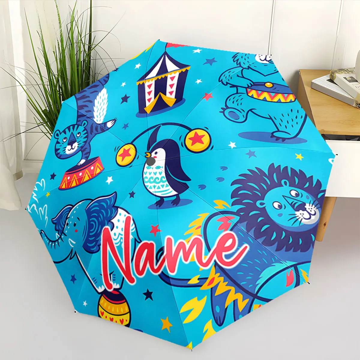 Custom Name Colorful Animal Illustrations on Umbrella Print 8 Iron Ribs Folding Umbrella Auto-Open Fashion Sunshade