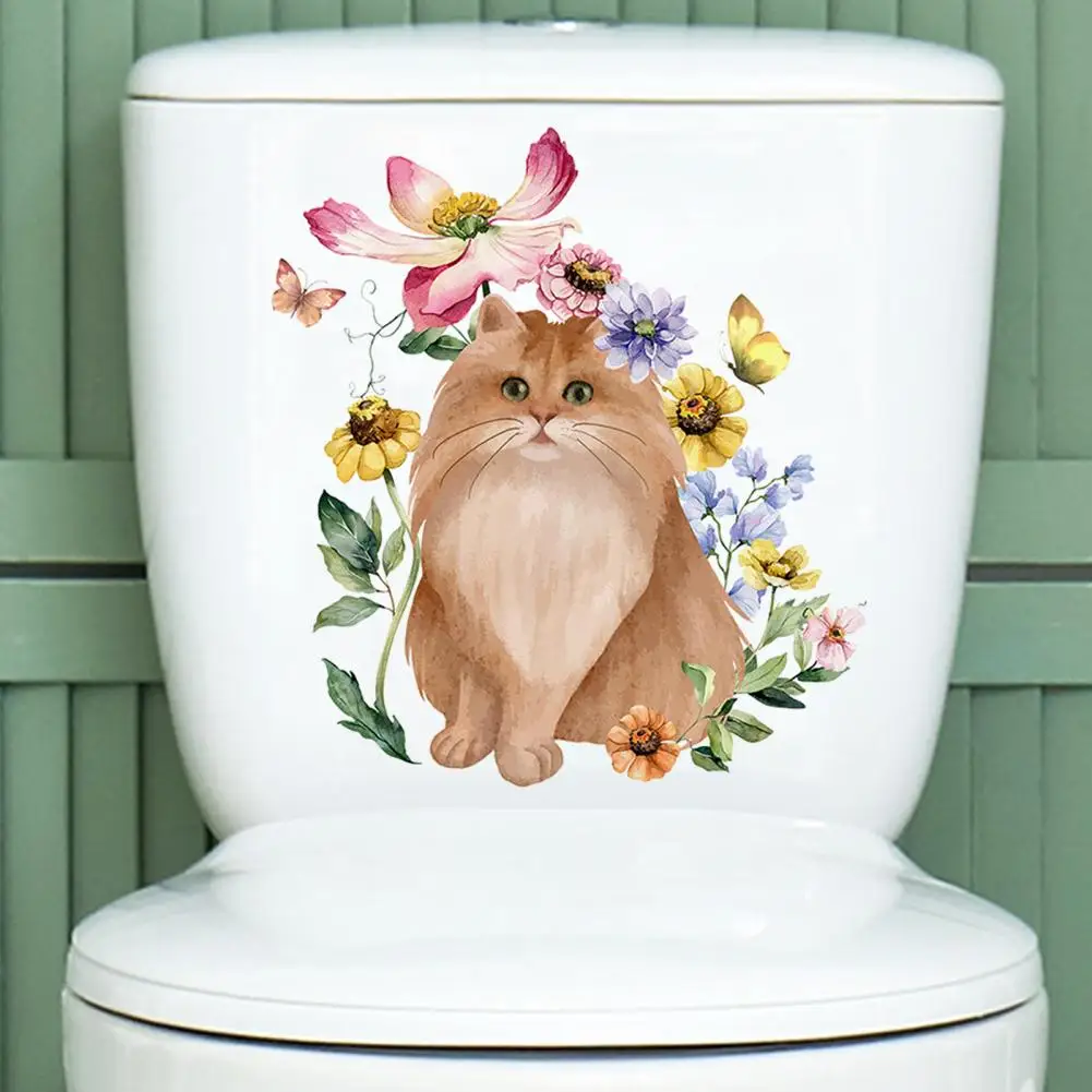 Decorative Toilet Sticker Whimsical Cat Flower Butterflies Toilet Sticker Removable Waterproof Pvc Wall Art for Room Bathroom