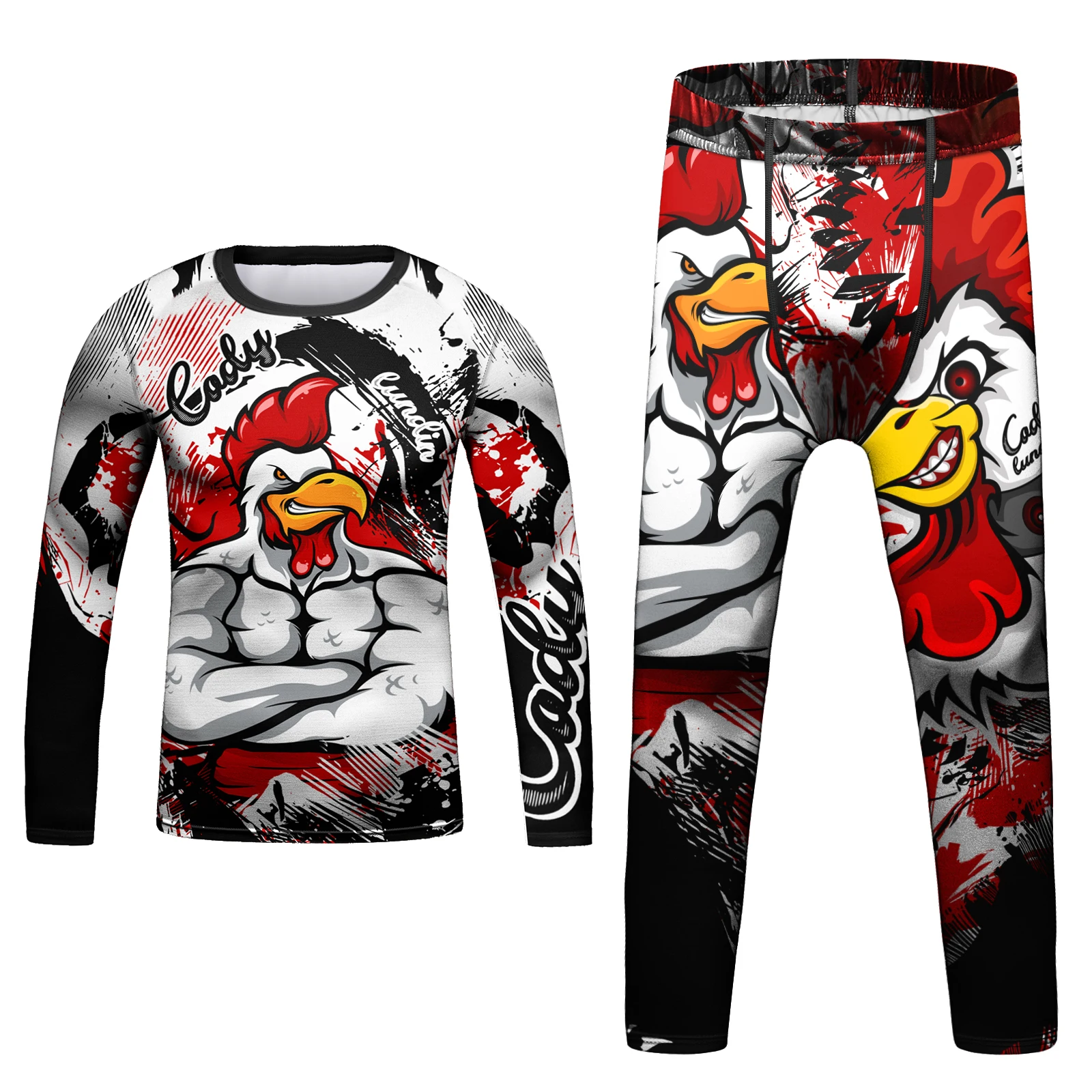 Cody Lundin Kids Boys Cartoon Rooster Printed Lightweight Compression Rashguard Set For Grappling MMA Workout Sports Outfit