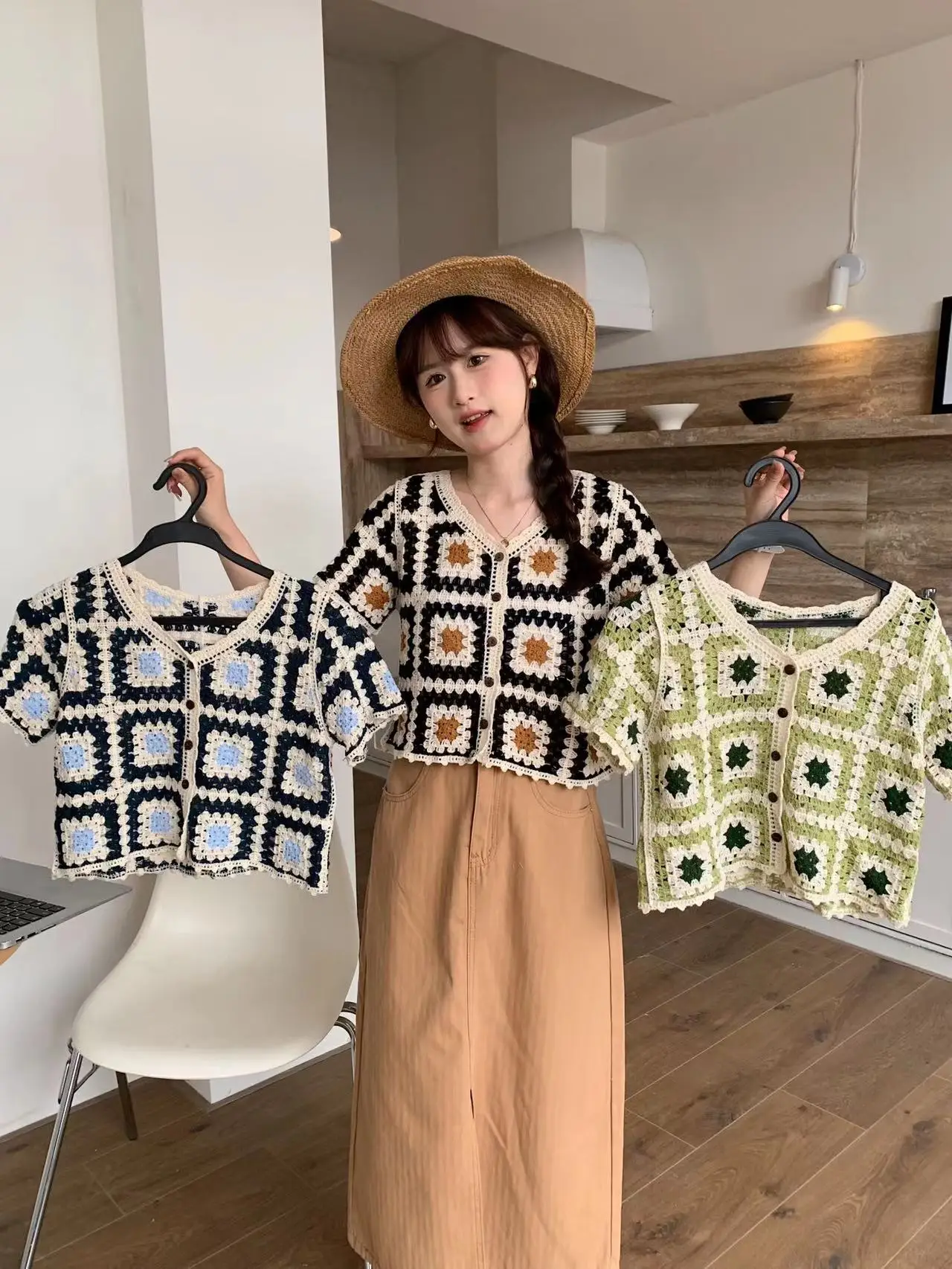 Granny Squares Crochet Top Short Sleeve Open Knit Crop Cardigan Blouse Women\'s Summer Fairycore Cottagecore Vintage Outfit