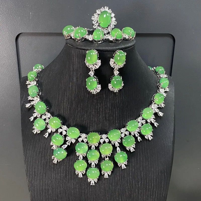 Fashionable design style inlaid craftsmanship set of natural colored chalcedony necklace, bracelet, earrings, and ring four-piec