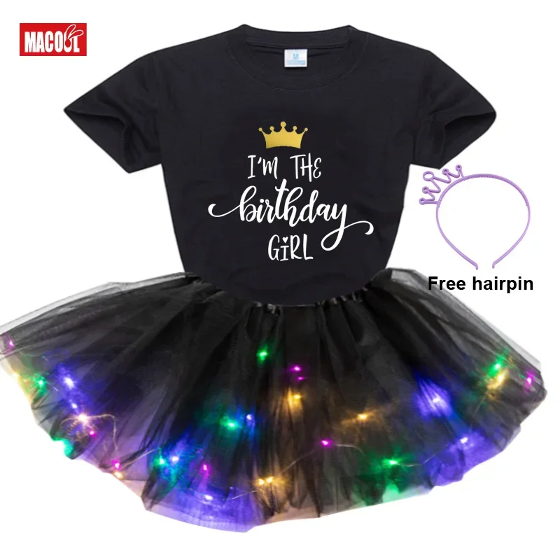 Kids Girls Clothes Dress Set 2025 Summer Girls Short Sleeve T-shirt+luminous Skirt+hairpin 3pc Set Girl Birthday Party Dress Set