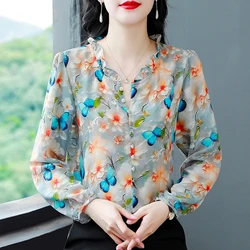 Elegant Fashion Silk Chiffon shirt 2024 Autumn Floral Printed Tops Ruffles Collar Long Sleeve Pullovers Blouse