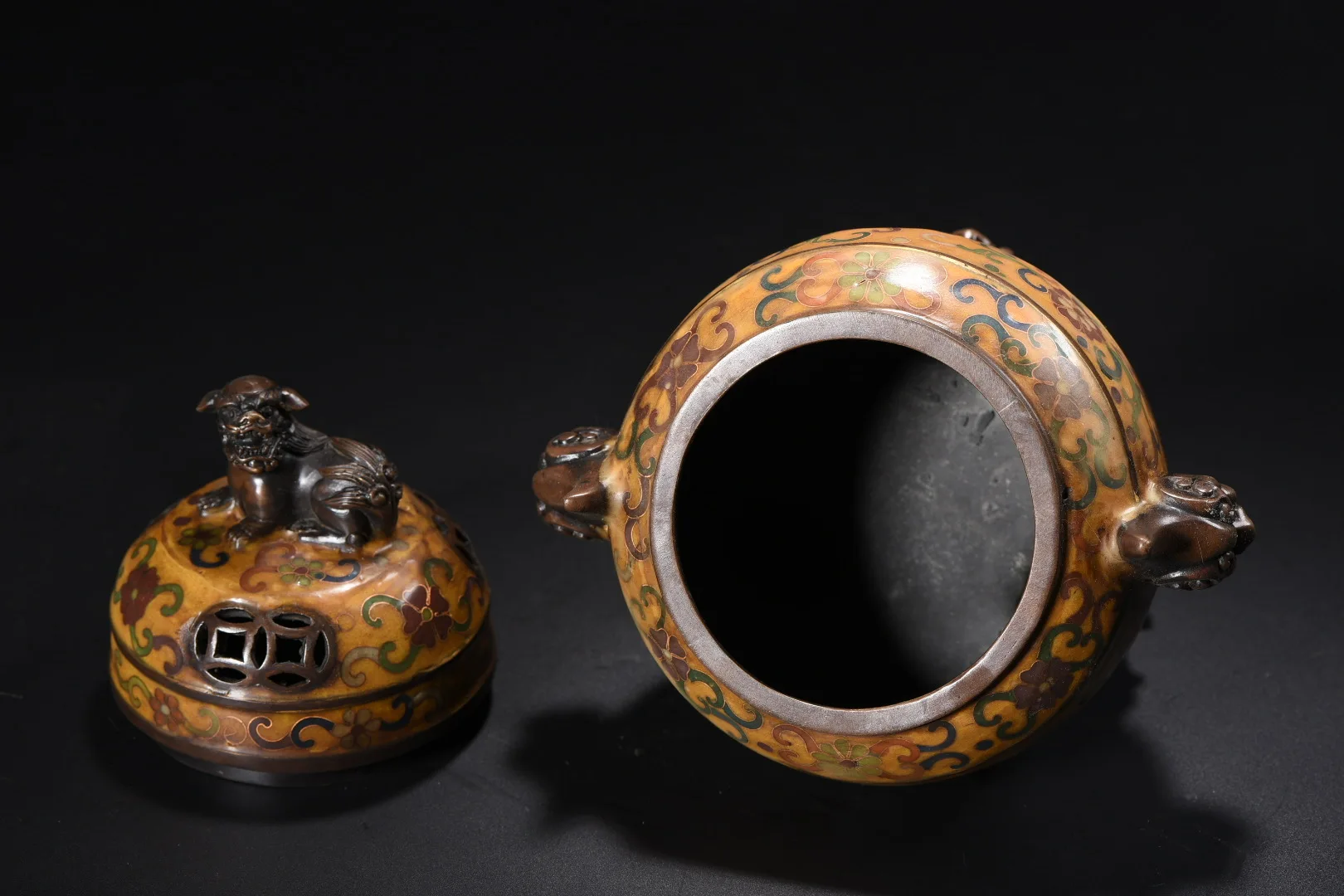

8"Nepalese folk Old Bronze Cloisonn Enamel Lion statue cover Unicorn Ear Tripod Incense Burner Town house