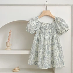 New Summer Clothes Baby Girls Princess Dresses Puff Sleeve Blue Flower Toddlers Vacation Kids Cotton Cute Dress Korean Style