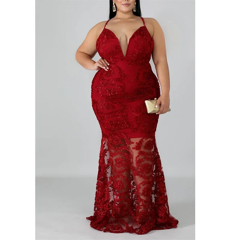 Plus Size Red Elegant Lace Sheer V Neck Maxi Dress Sleeveless Ladies Sexy Nightclub Party Long Dress