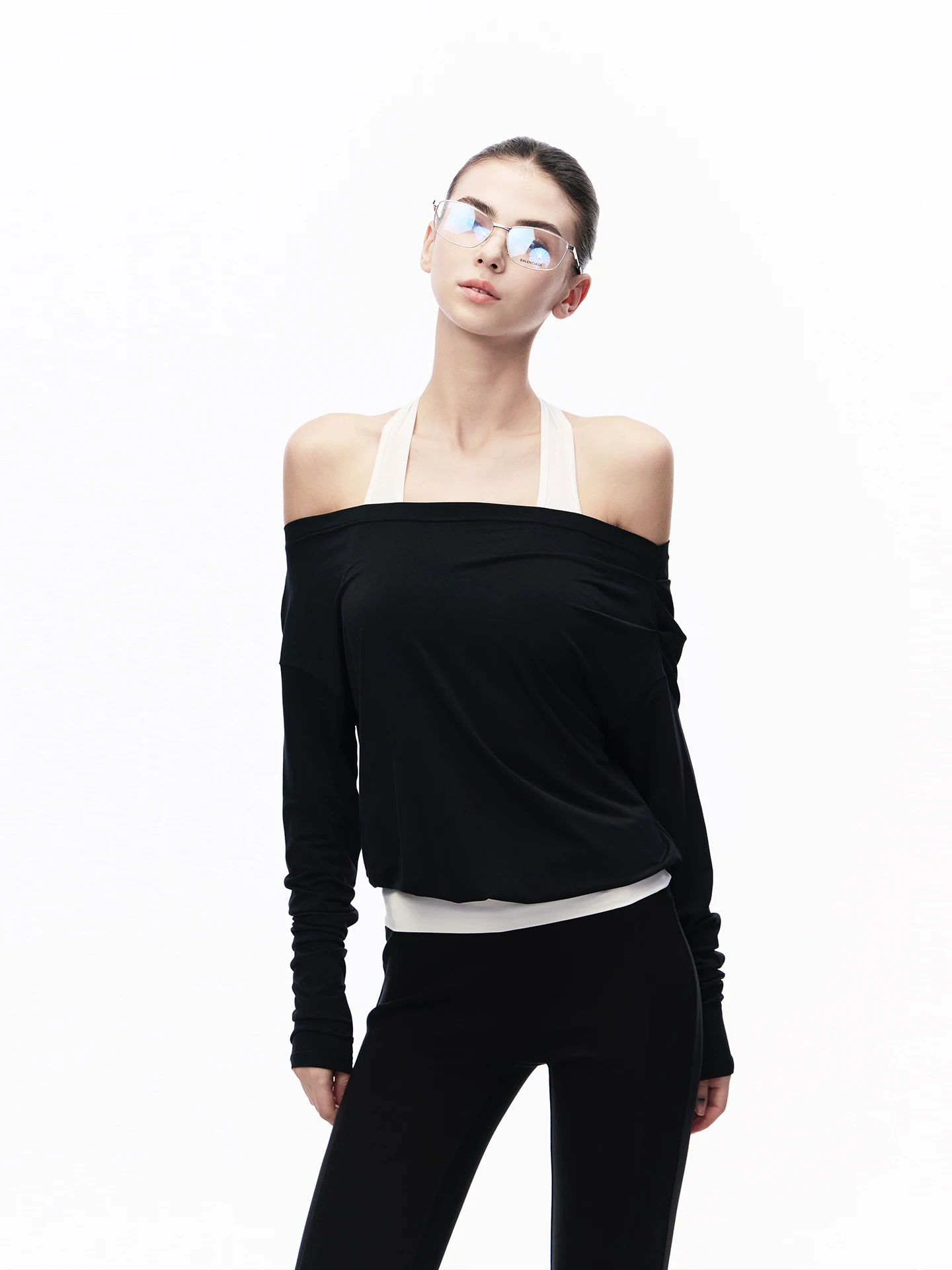 

JLAUNT Black One Shoulder Women's Spring Modal Long Sleeve Fake Two-Piece Casual Top Sexy American Style Shoulder Bared Neck ...