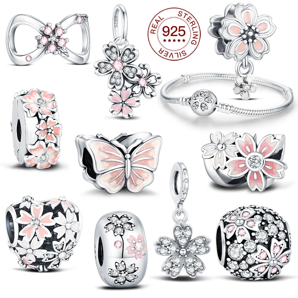 925 Sterling Silver Plated Bead Pink Cherry Blossom Collection Charm Fit Women Snake Chain Charm Bracelet Women Diy Jewelry Gift