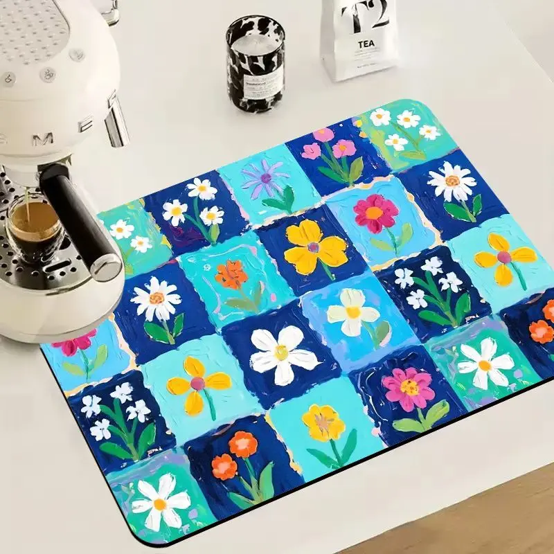 VIKAMA Plaid Floral Farmhouse Coffee Mat Super Absorbent Non Slip Kitchen Counter Drying Rug Absorbent Non Slip Coffee Bar Mat