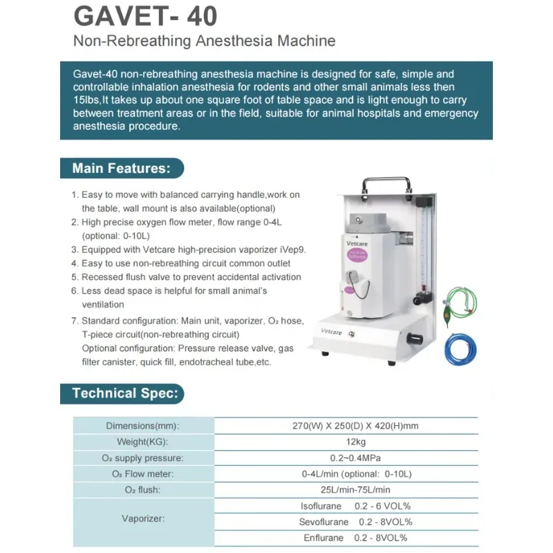 Gavet-40 Non-rebreathing Anesthesia Machine Rodent-specific Anesthesia Machine Suitable for Animals Weighing Less Than 15 Pounds