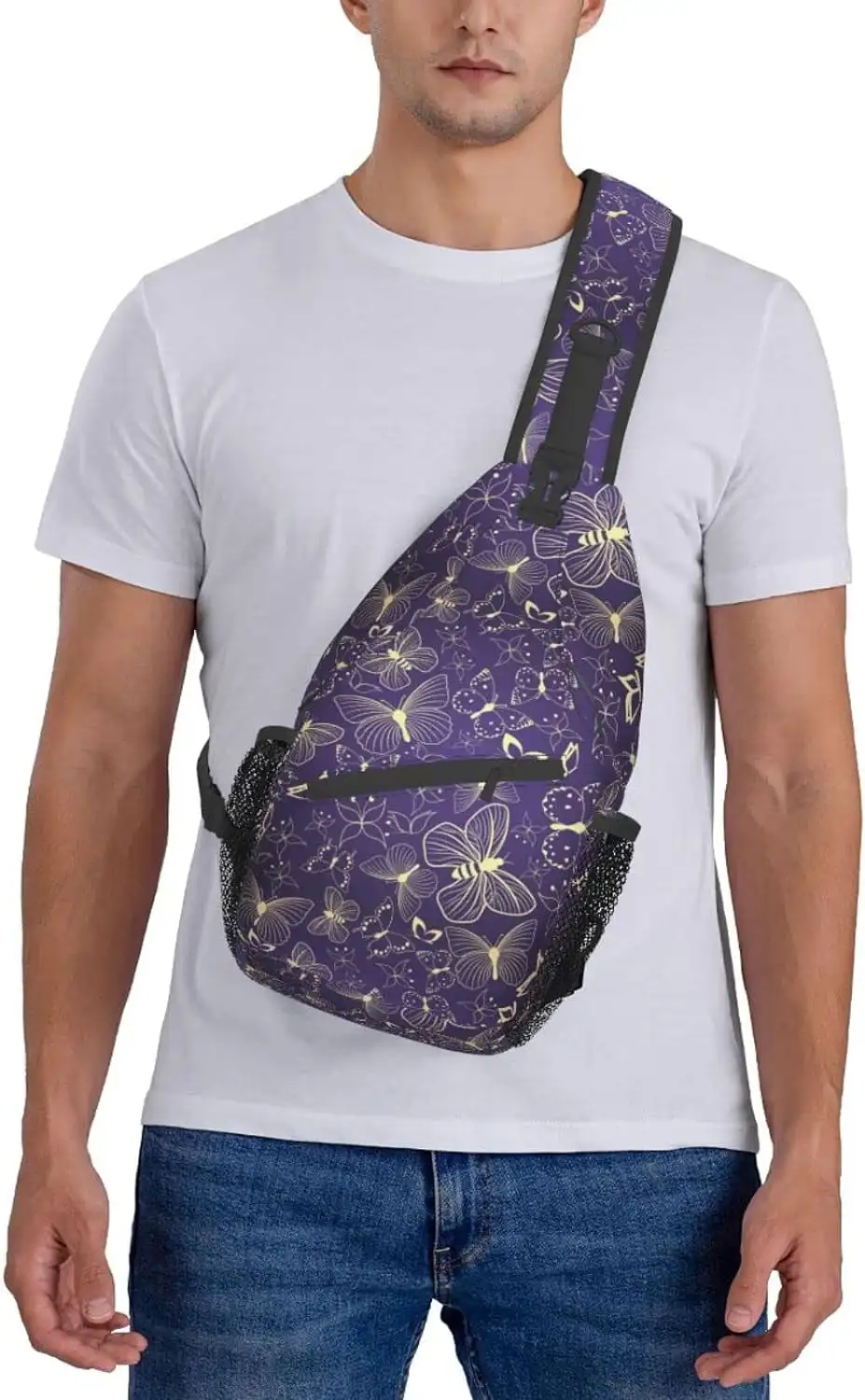 Purple sling backpack adorned with an all - over pattern of delicate, light - colored butterflies, stylish and charming