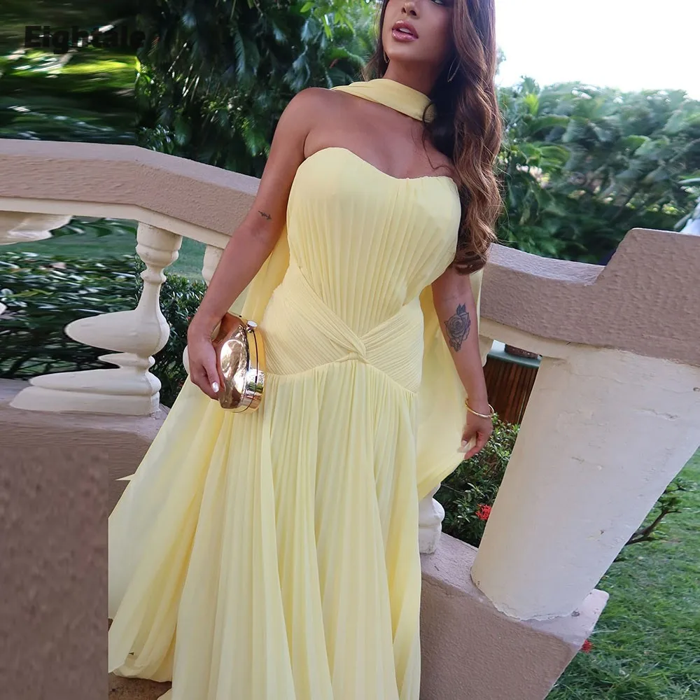 

Eightale Arabic Evening Dresses for Wedding Party Sweetheart Customized Chiffon Pleats Yellow A-Line Muslim Prom Gowns