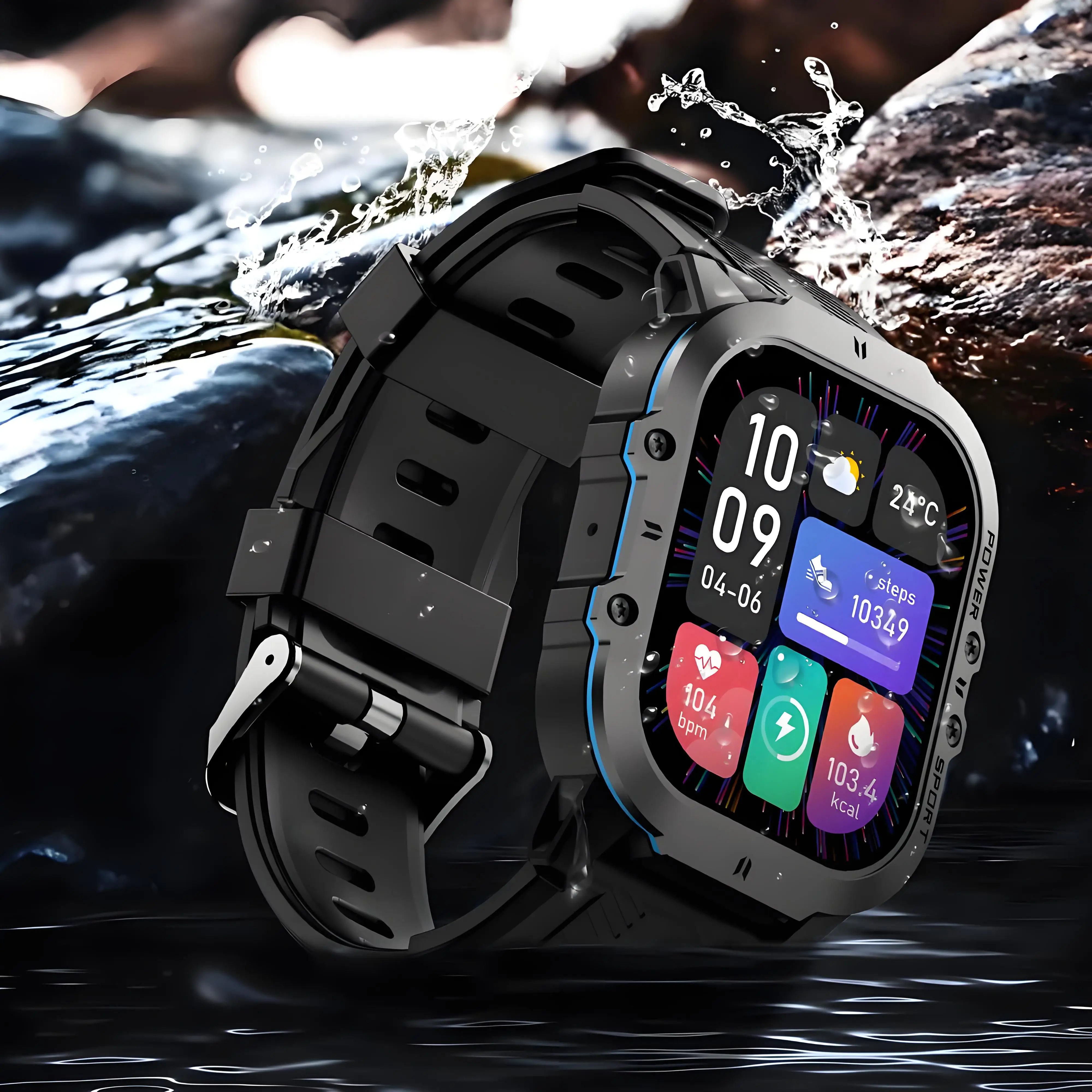 BT20 Military Smart Watch for Men, 1.96 Inch AMOLED Outdoor Sports Smartwatch, 5ATM Waterproof Fitness Watch, 100+ Sport