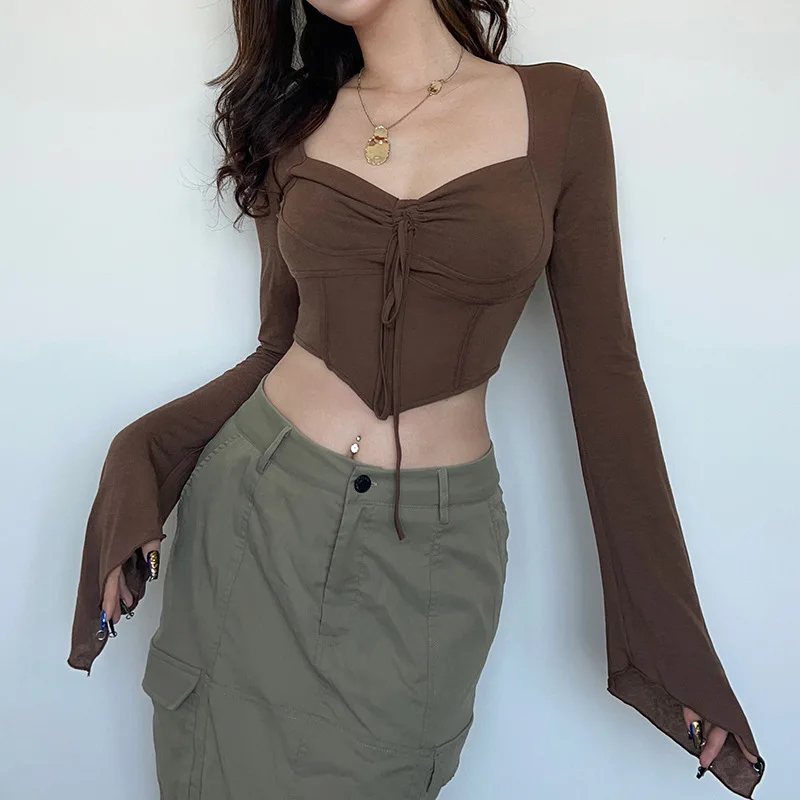 

Street Spicy Girl Style Sexy Low V-Neck Long Sleeved T-Shirt With Fishbone Waist And Irregular Slim Fit, Pleated And Exposed Nav