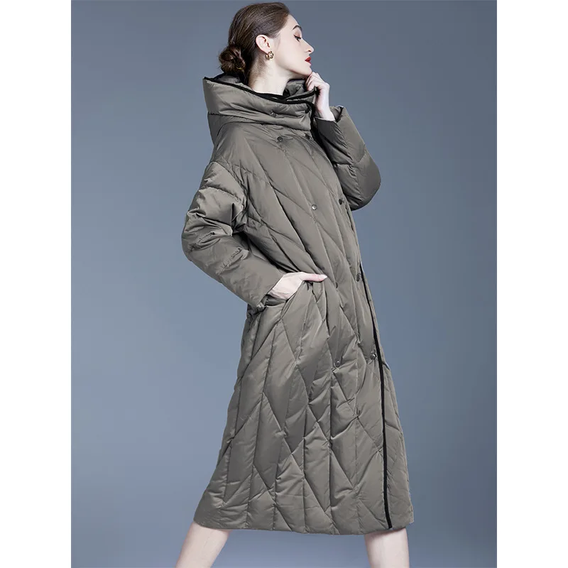 Nueva chaqueta de plumón larga de gran tamaño para mujer, chaqueta acolchada por encima de la rodilla, abrigo de invierno grueso con capucha de plumón de pato blanco, abrigos acolchados