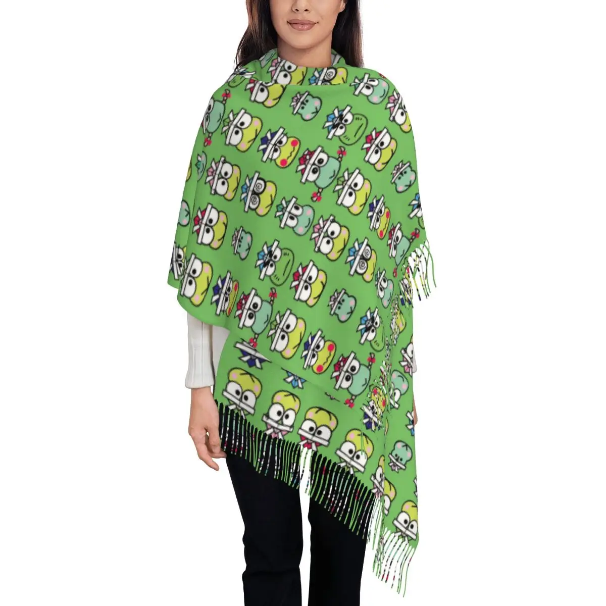 Custom Keroppi Cute Scarf Wrap Women Long Winter Warm Tassel Shawl Unisex Cartoon Scarves