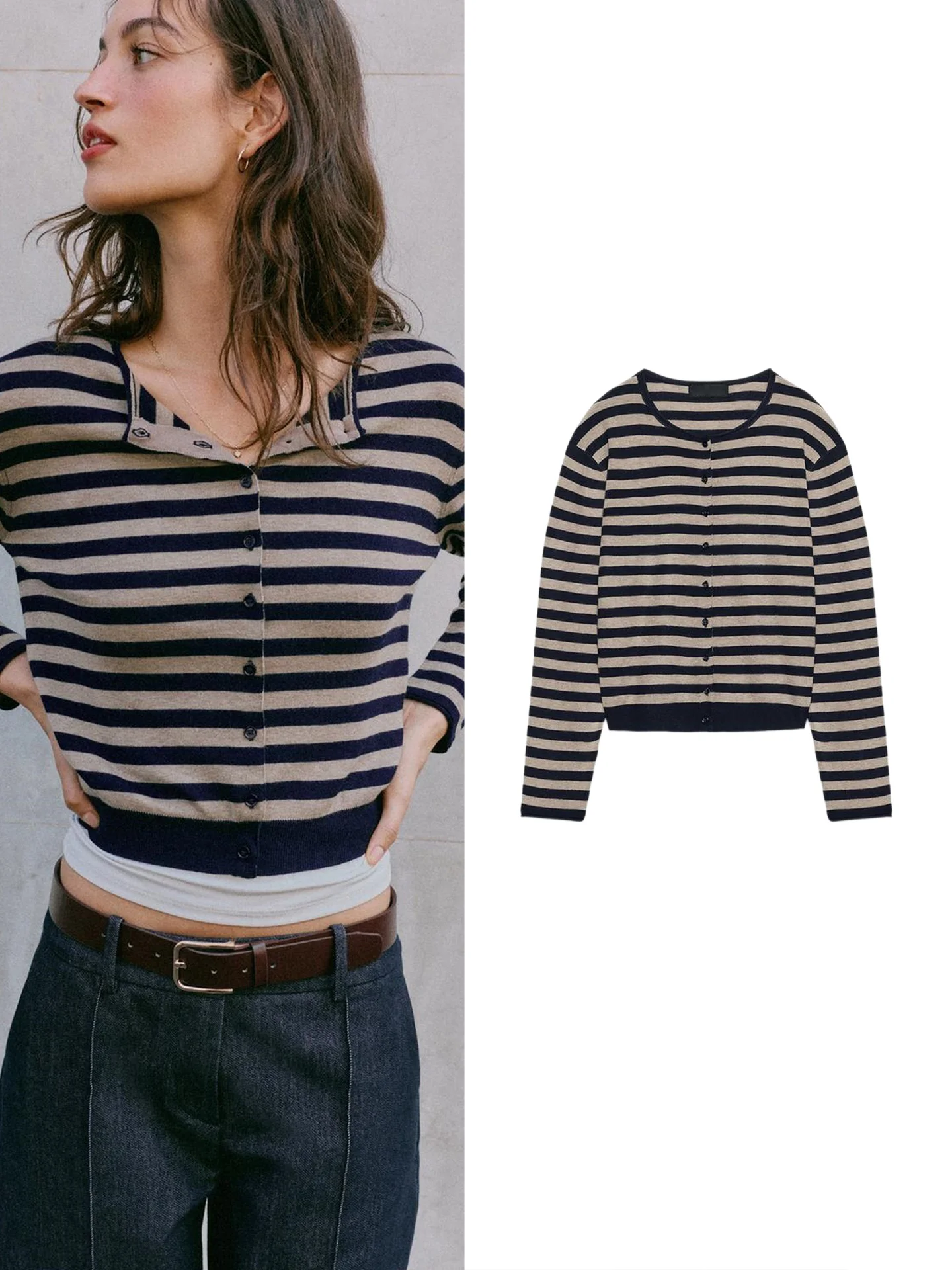 Loose Style Knitted Outerwear New Autumn Women's Long Sleeve round Neck Color Block Striped Single Button Coat Polyester Fiber