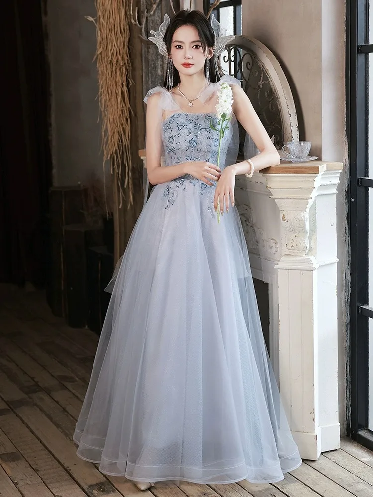 Vestido de noche elegante azul para mujer, vestido de quinceañera con patrón de flores de lujo ligero, diseño francés, vestidos largos hasta el suelo