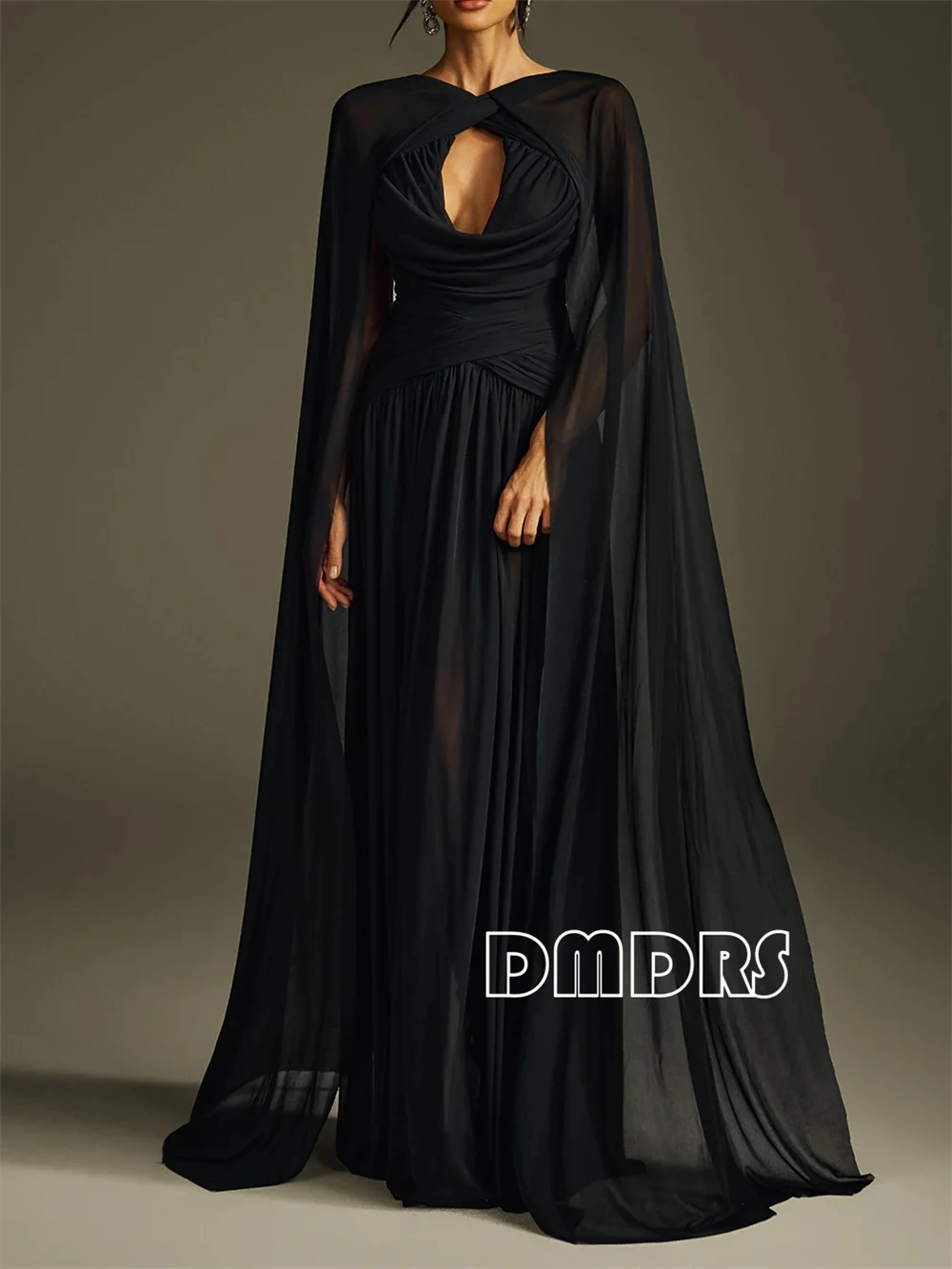 

Made-to-Order Illusion Black Chiffon Maxi Dress for Women Long Shawl Sleeves Formal Evening Dresses 2025 Wedding Party Gowns