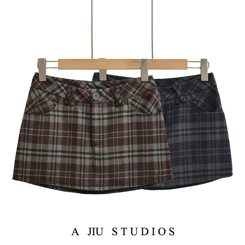 

Retro American Plaid V-Ne Wrap Bodycon Skirt Women's Autumn Versatile Slimming Sexy ort Skirt with ket Low Waist