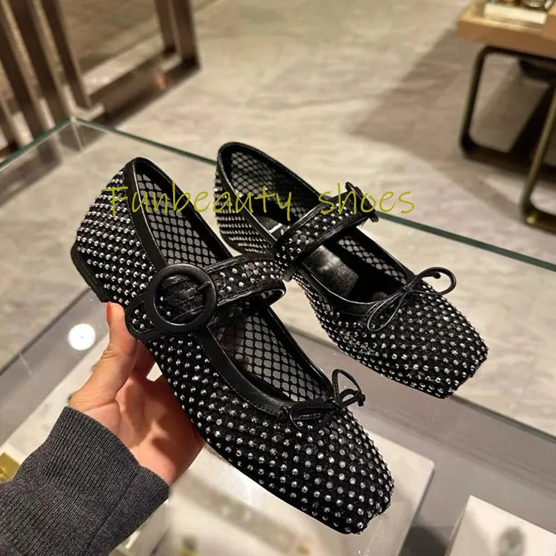 2024 Women\'s Square Toe Mary Jane Shoes Ballet Shoes Bow Tie Rhinestone Flat Shoes High-quality Genuine Leather Soft Shoes