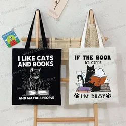 New Cats and Books Pattern Shopping Bags Women Reusable Recycle Bag Bookworm Cat Lover Canvas Shopping Bags Reading Club Handbag