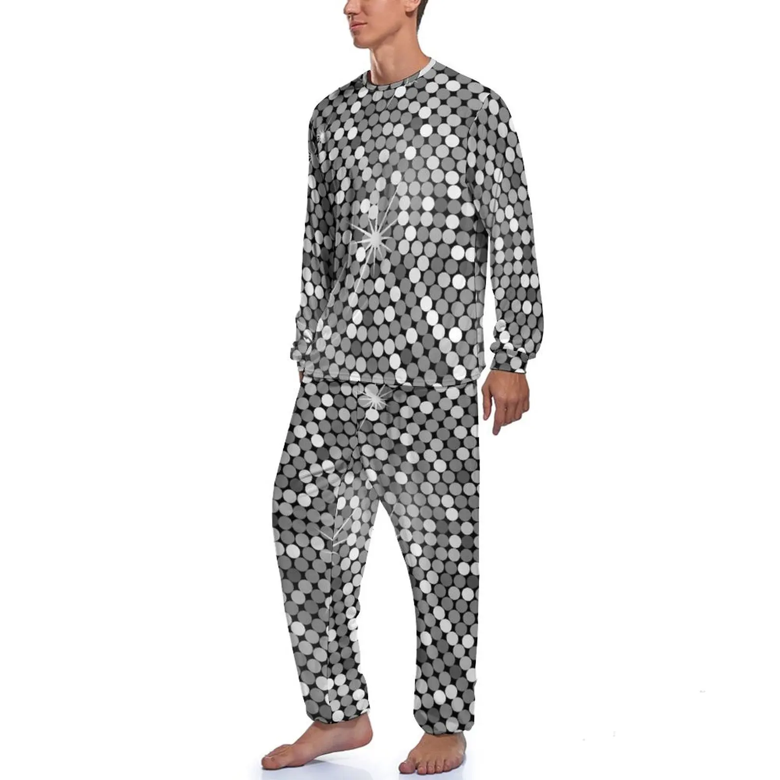 Silver Metallic Print Pajamas Daily Crystal Disco Ball Aesthetic Nightwear Male 2 Pieces Custom Long Sleeves Trendy Pajamas Set