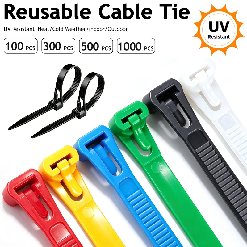 2026 Nylon Ties Reusable Removable Recyclable Cable Lock Loop Cable Ties 50/100/300/1000PCS Mixed Colours Black White NEW