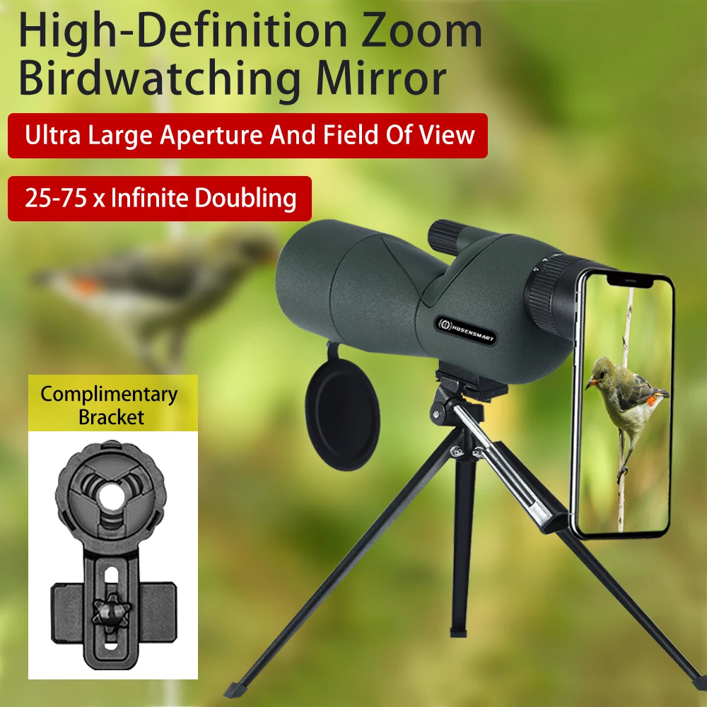 25-75x60 Bird Watching Telescope Single Eye BAK4 Waterproof Tripod Phone Adapter for Bird Watching and Wildlife Observation