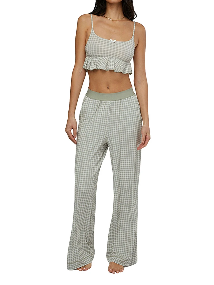 Women s Summer Loungewear Set Solid Color Plaid Print U-Neck Camisole with Long Pants Sleepwear