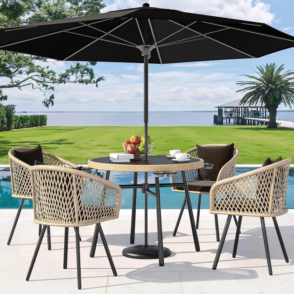 

5-Piece Outdoor Dining Set with Umbralle Hole, Rattan Patio Dinging Set for 4 with Cup Holders Soft Cushions and Glass Top Dini