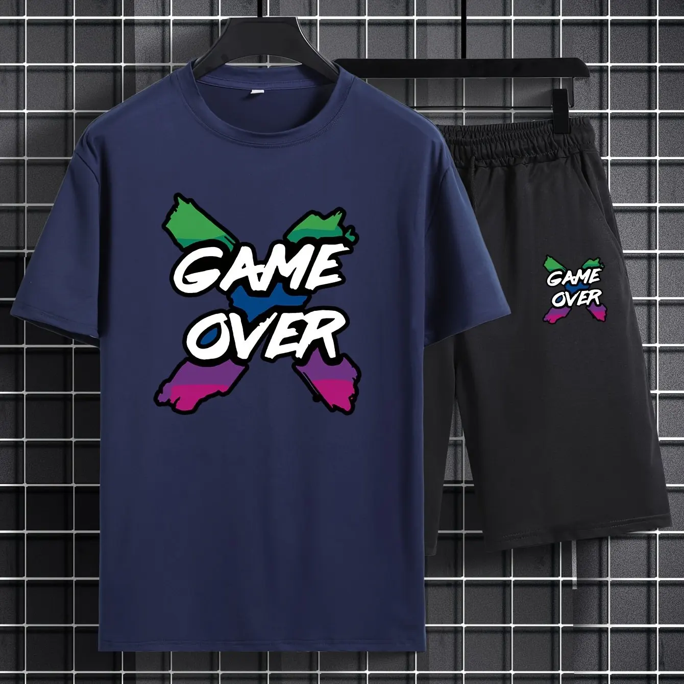 Men's Fashion Two Piece Set "GAME OVER" Graphic Print Casual Crew Neck Short Sleeve T-shirt And Drawstring Shorts Set For Summer