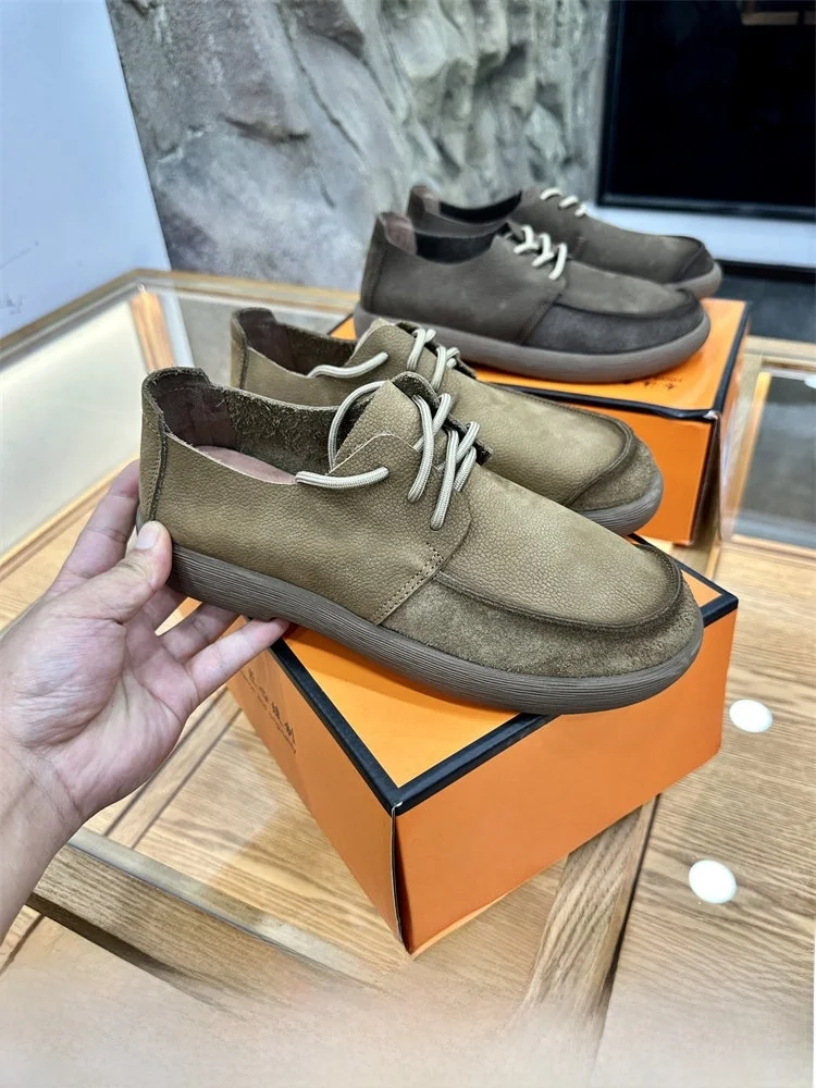 

Premium Select Thi Rubber Bot Soft Men's Vintage Wide Head Casual Leather oes Faionable Autumn Season Flat Heel