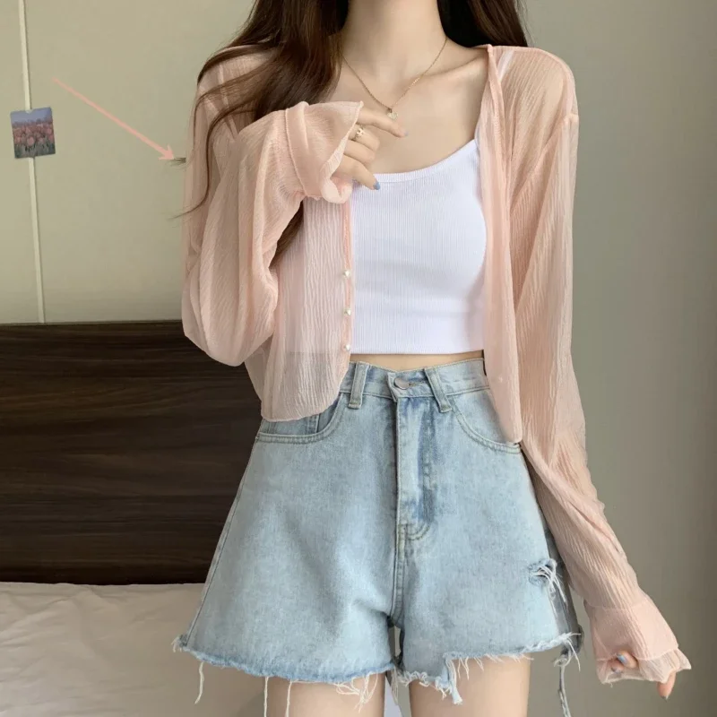 Sun-proof Shirts Women Sweet Vacation Thin Summer Crop Tops Loose Hot Sale Ins Pure Beach Style All-match Basic New Arrival Soft