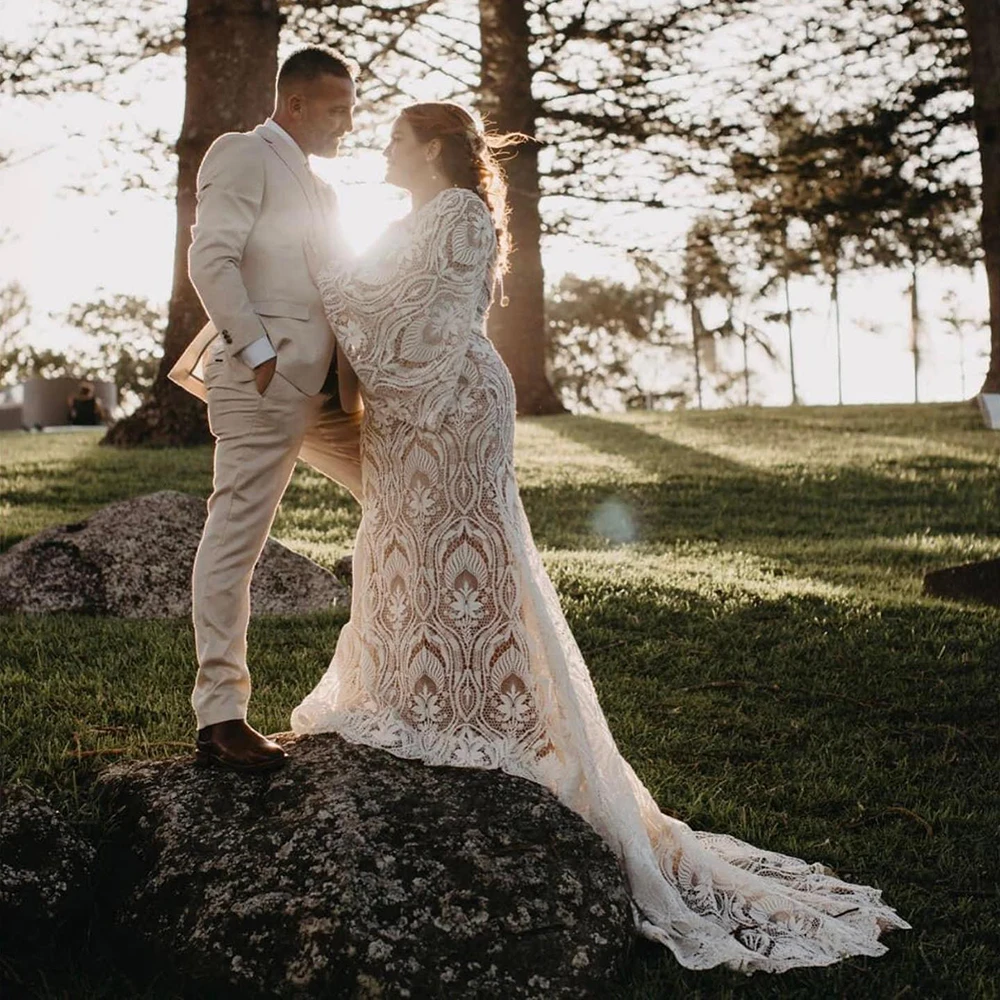 Abito da sposa all'aperto da giardino in pizzo oversize personalizzato Boho con scollo a V quadrato senza schienale lungo a pipistrello maniche larghe abiti da sposa