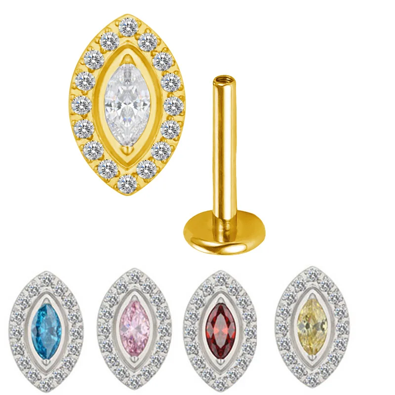 

ASTM F136 Titanium oval EAR PIERC Marquise CZ Center Paved Threaded Top Studs Tragus Pircing Earrings Lip Stud Piercing Jewelry