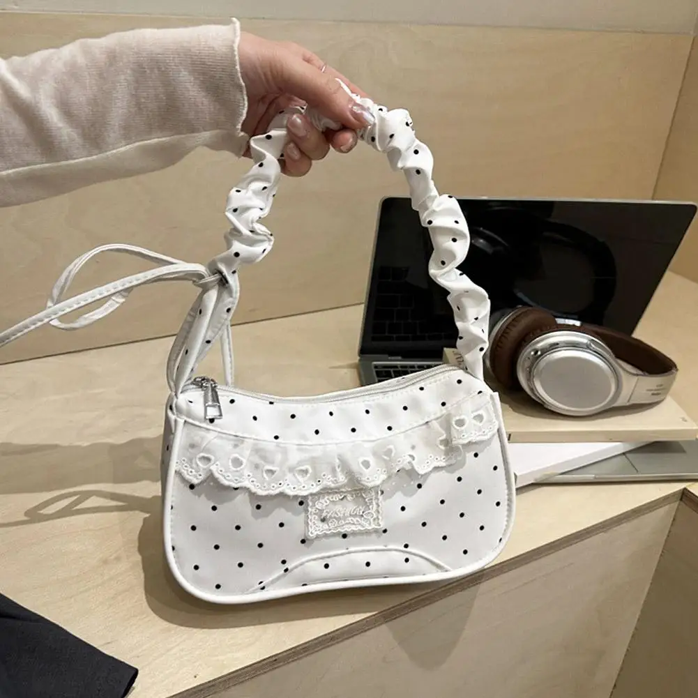 Niedliche Spitzen-Schultertasche mit Tupfenmuster, Süße Unterarmtasche mit Schleife, Y2k Mode, Lässige Schultertasche, Umhängetasche – Detail 26