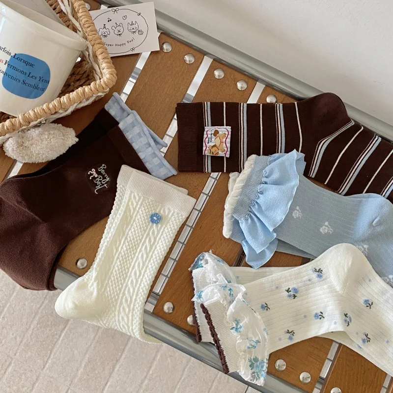 Cartoon Puppy Cloth Label Cute Socks Women Korean Button Striped Lace Medium Tube Socks Floral Print Sweet Cotton Long Socks Sox
