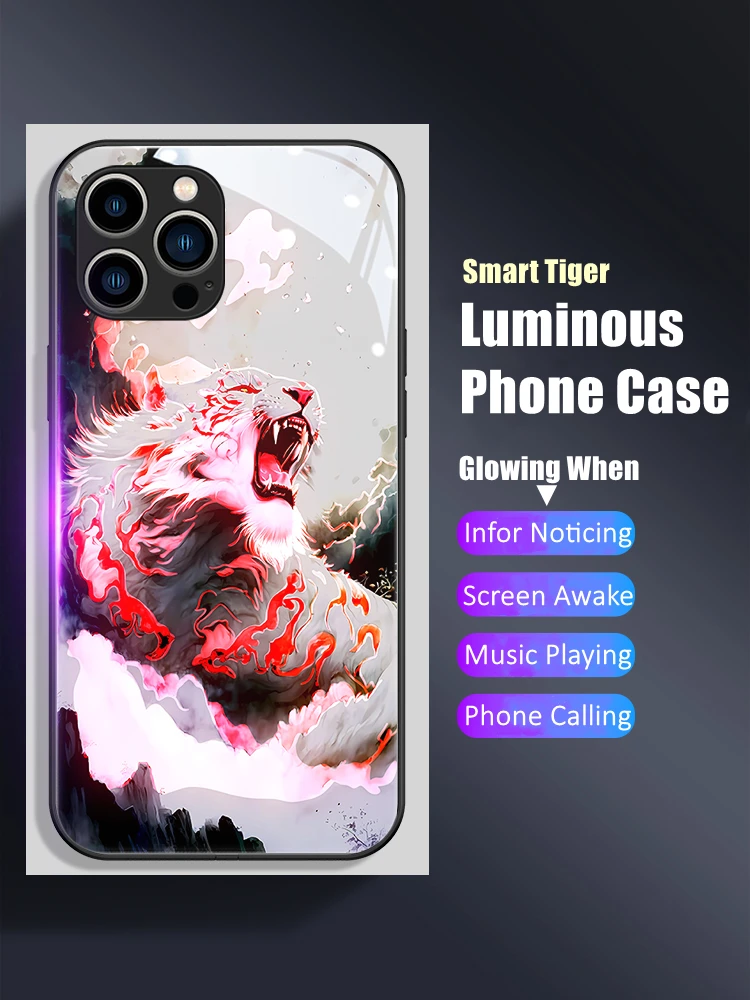 

Cool Tiger LED Light Glowing Luminous Tempered Glass Back Phone Case for iPhone 11 12 13 14 15 X Xs Xr Mini Pro Max Plus Cover