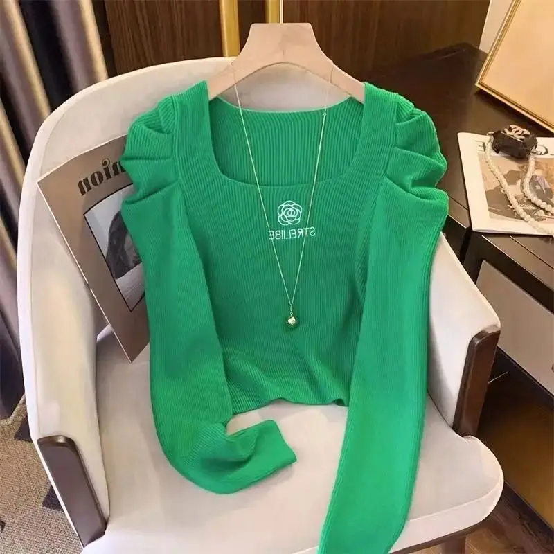 Fashion Embroidered Flower Knit Sweater Women Square Collar Long Sleeve Slim Jumpers Autumn Winter Korean Base Pullovers Female