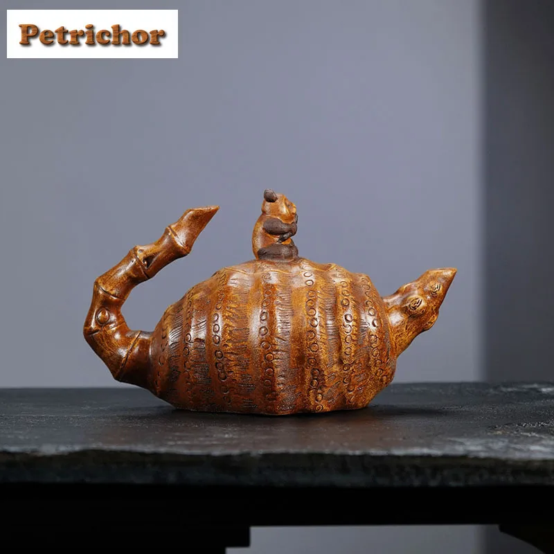 420ml Antique Yixing Purple Clay Teapots Handmade Panda Bamboo Shoots Pot Raw Ore Section Mud Kettle Zisha Tea Set Ornaments