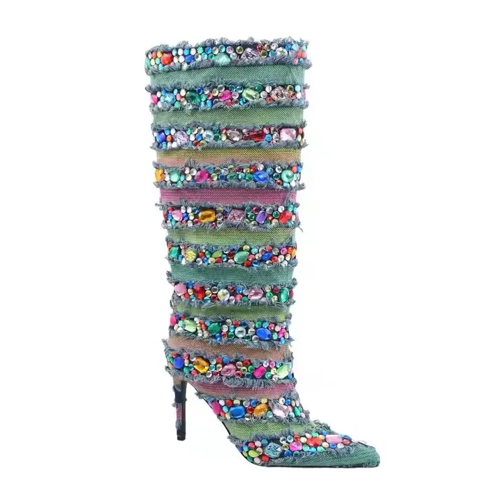 Super Bling Crystal Fold-over Denim Knee Boots Cover Thin Heel Pointy Toe Retro Cloth Boots Woman Rhinestone Jean Knight Boots