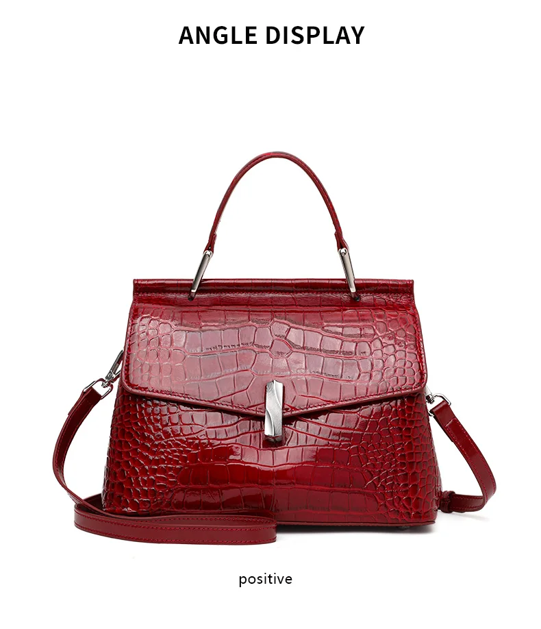 Damen-Handtasche aus Krokodilleder-Imitat, Glänzend Rote Henkeltasche mit Metallverschluss, Damen-Umhängetasche für Arbeit & Alltag – Detail 7