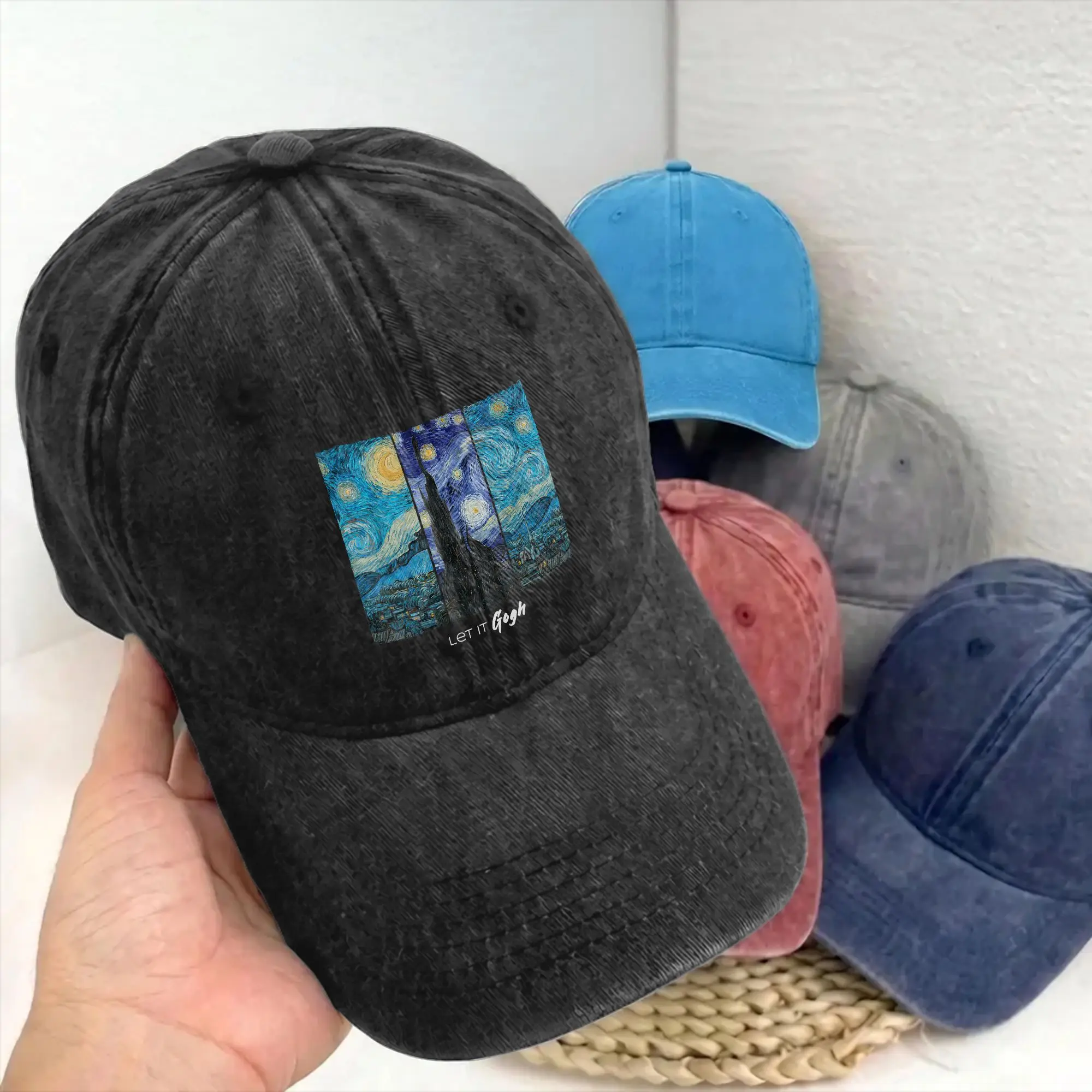 Let it Gogh Funny Vincent Van Gogh Starry Night Unstructured Baseball Cap Painting Distressed Denim Hats Adjustable Snapback