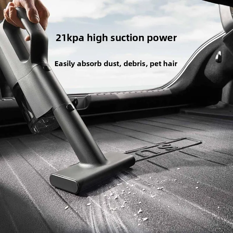 Mijia car vacuum cleaner has a suction of 21kPa, with 5 layers of filtration and a 150ML dust cup for deep dust removal