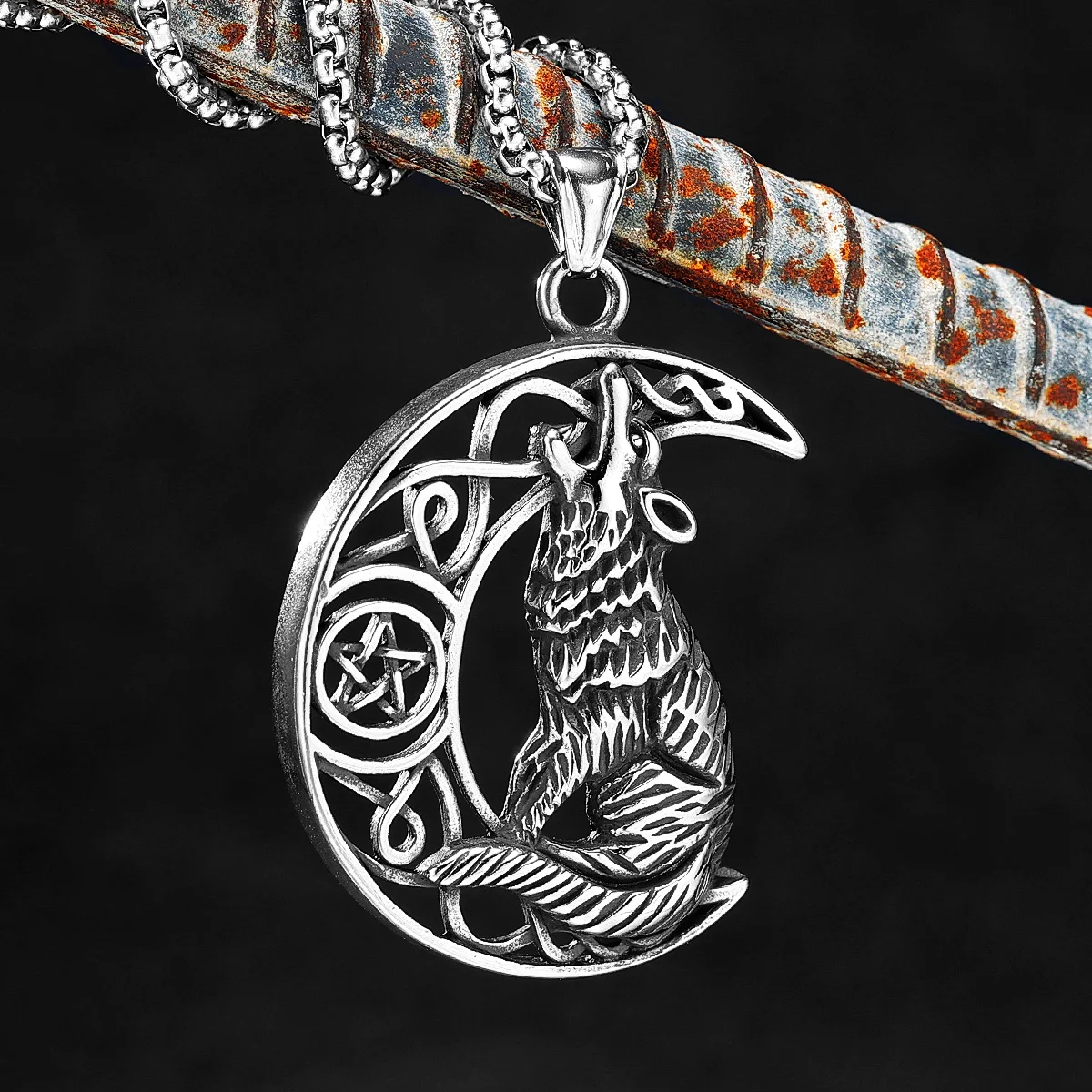 Nordic Viking Moon Wolf Stainless Steel Men Women Necklaces Pendants Chain Punk Trendy Animal Jewelry Creativity Gift Wholesale